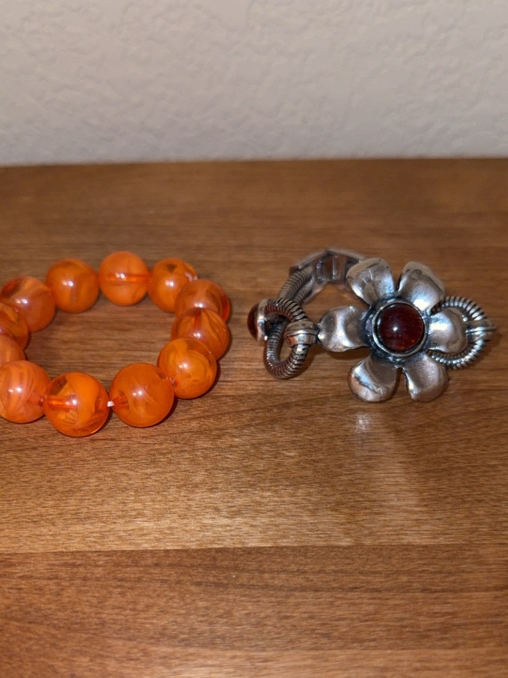 Vintage Bracelet lot of 2 Orange Beaded Stretch Bracelet Silver Flower bracelet